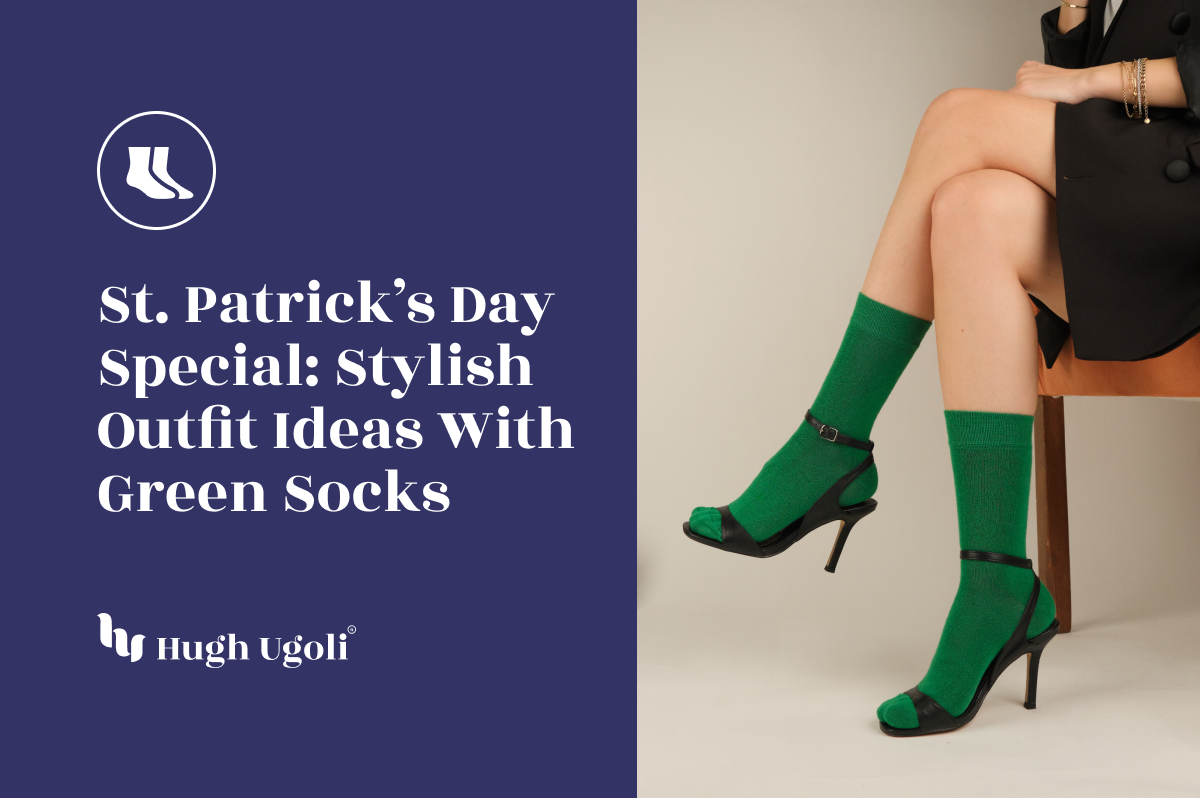 Stylish St. Patrick’s Day look with green socks and black heels, creating a bold fashion statement.